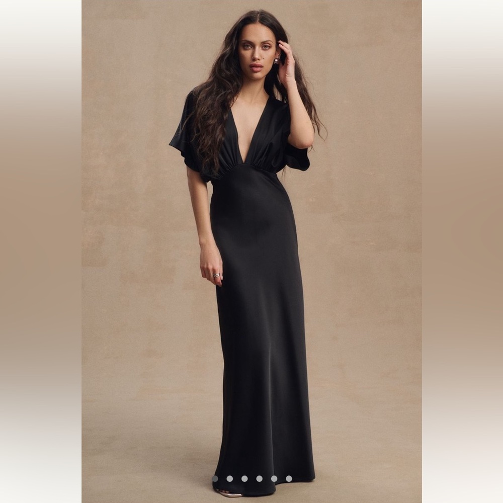 Anthropologie BHLDN Deep V Flutter Sleeve Satin A Line Gown